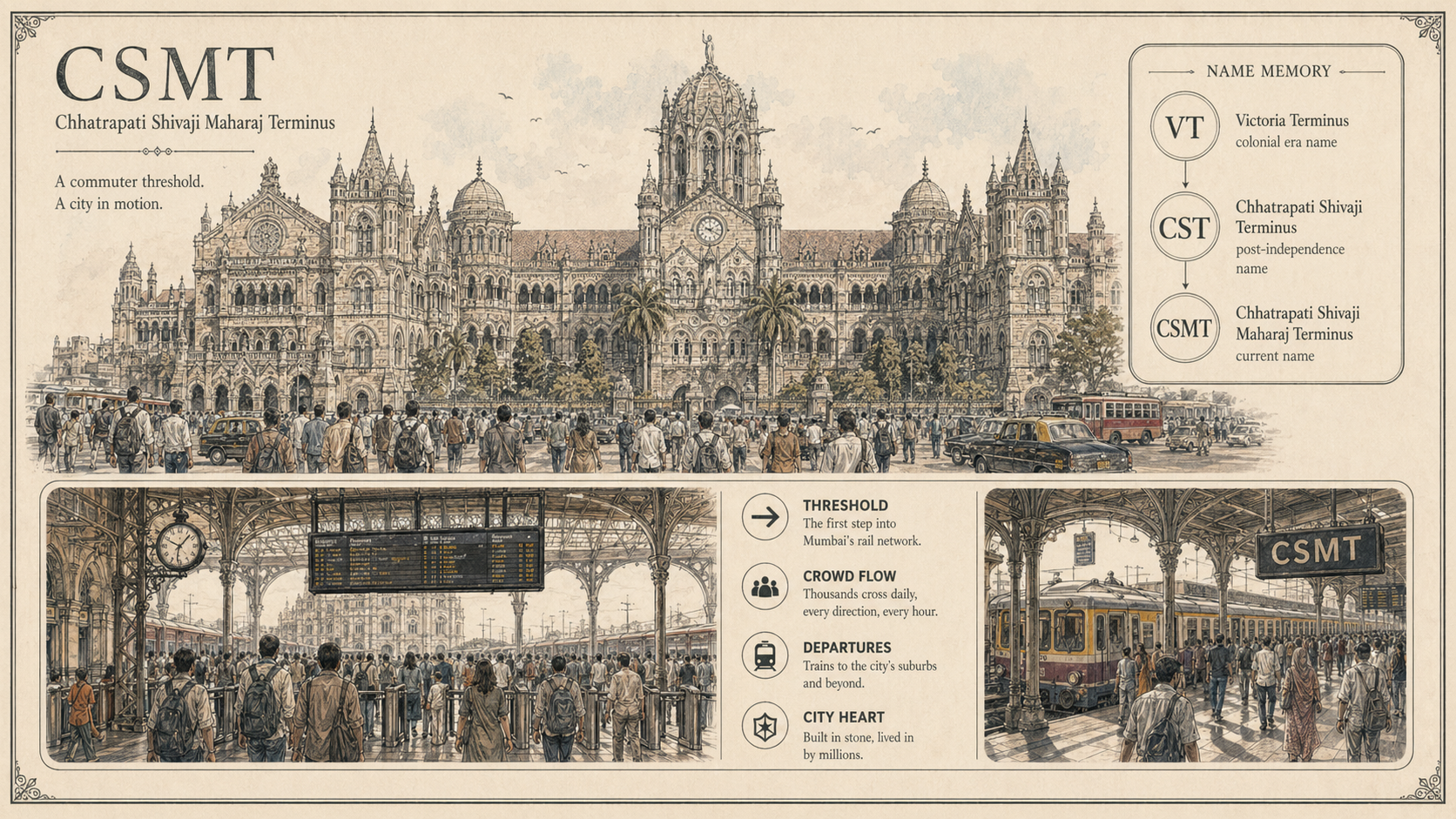 Annotated anecdotes diagram plate for Chhatrapati Shivaji Maharaj Terminus with labeled callouts, mini insets, and route hotspots.