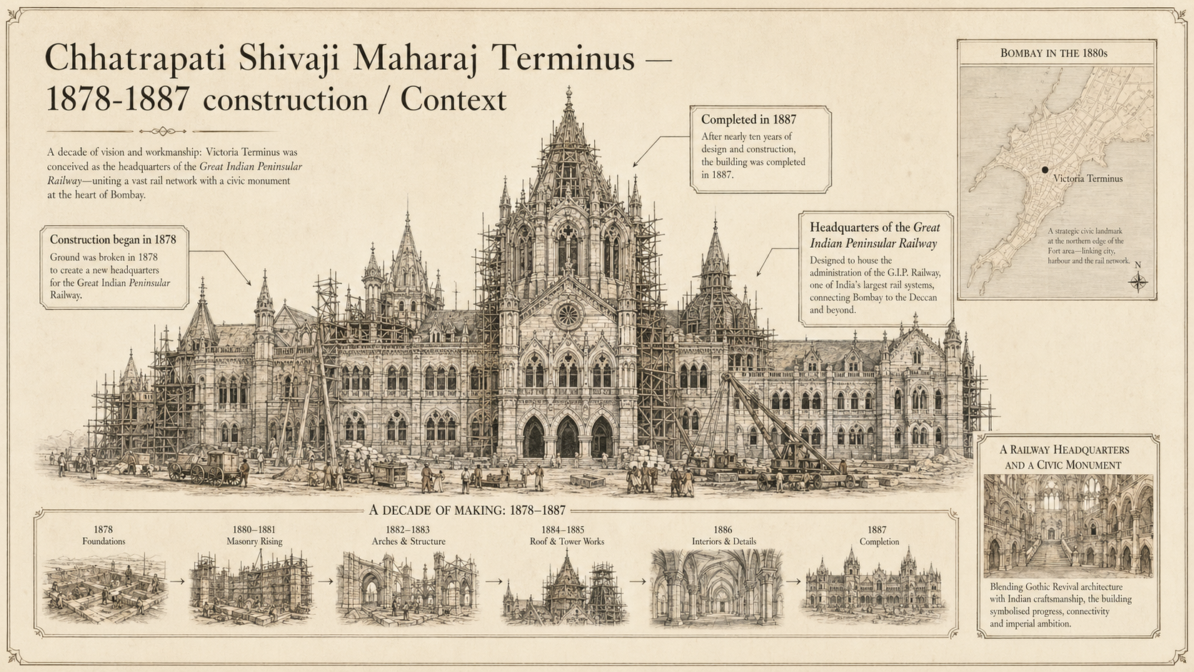 Chhatrapati Shivaji Maharaj Terminus deep diagram plate: 1878-1887 construction / Context.