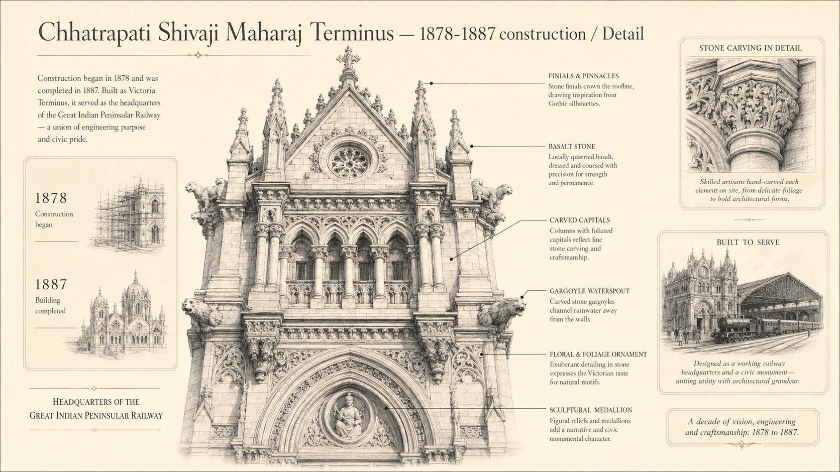 Chhatrapati Shivaji Maharaj Terminus deep diagram plate: 1878-1887 construction / Detail.