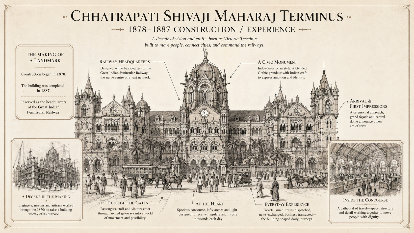 Chhatrapati Shivaji Maharaj Terminus deep diagram plate: 1878-1887 construction / Experience.