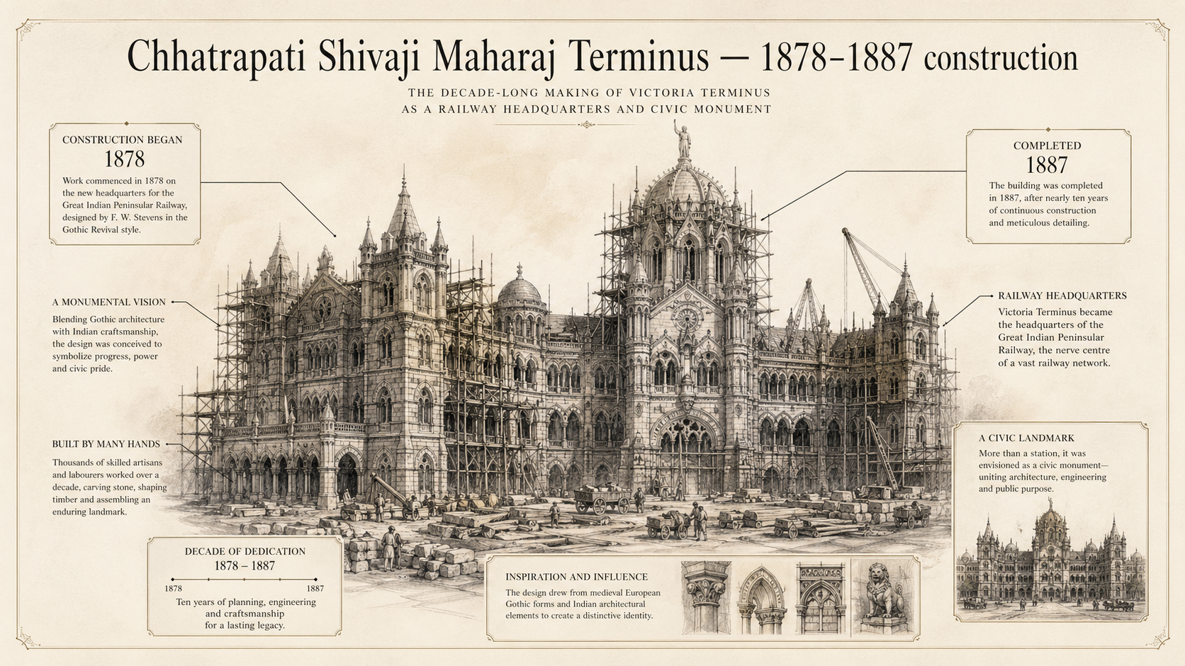 Chhatrapati Shivaji Maharaj Terminus deep diagram plate: 1878-1887 construction.