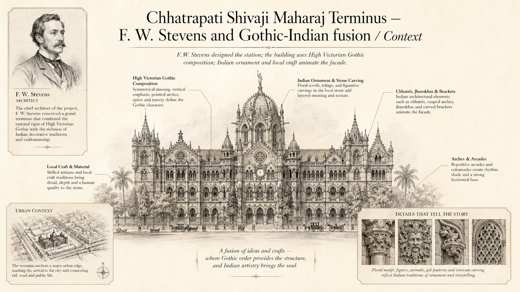 Chhatrapati Shivaji Maharaj Terminus deep diagram plate: F. W. Stevens and Gothic-Indian fusion / Context.