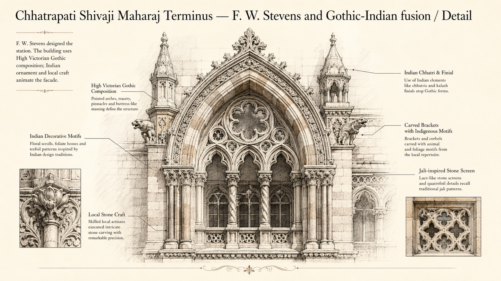 Chhatrapati Shivaji Maharaj Terminus deep diagram plate: F. W. Stevens and Gothic-Indian fusion / Detail.