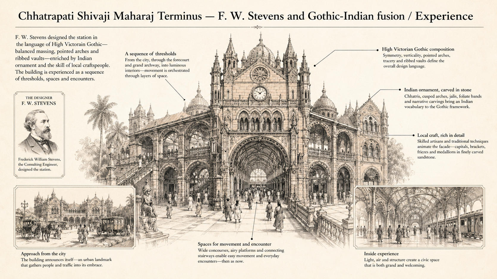 Chhatrapati Shivaji Maharaj Terminus deep diagram plate: F. W. Stevens and Gothic-Indian fusion / Experience.
