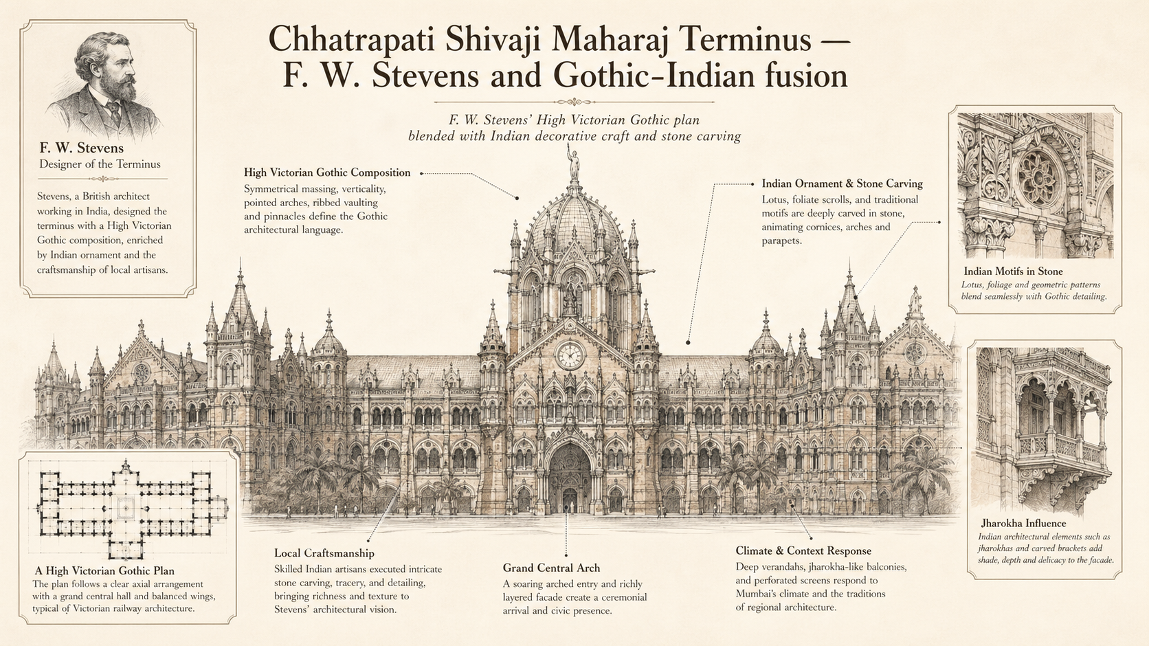 Chhatrapati Shivaji Maharaj Terminus deep diagram plate: F. W. Stevens and Gothic-Indian fusion.