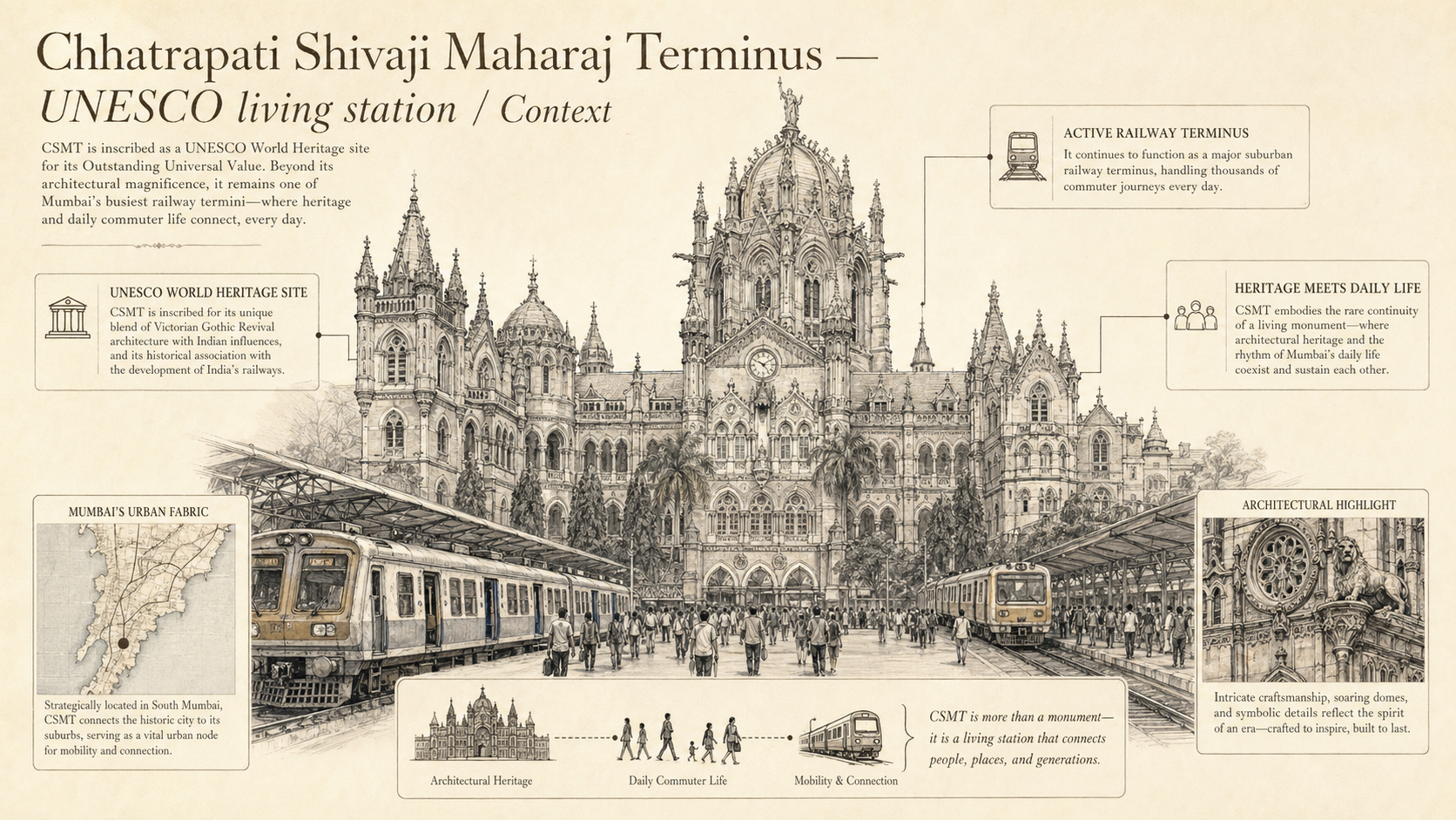 Chhatrapati Shivaji Maharaj Terminus deep diagram plate: UNESCO living station / Context.