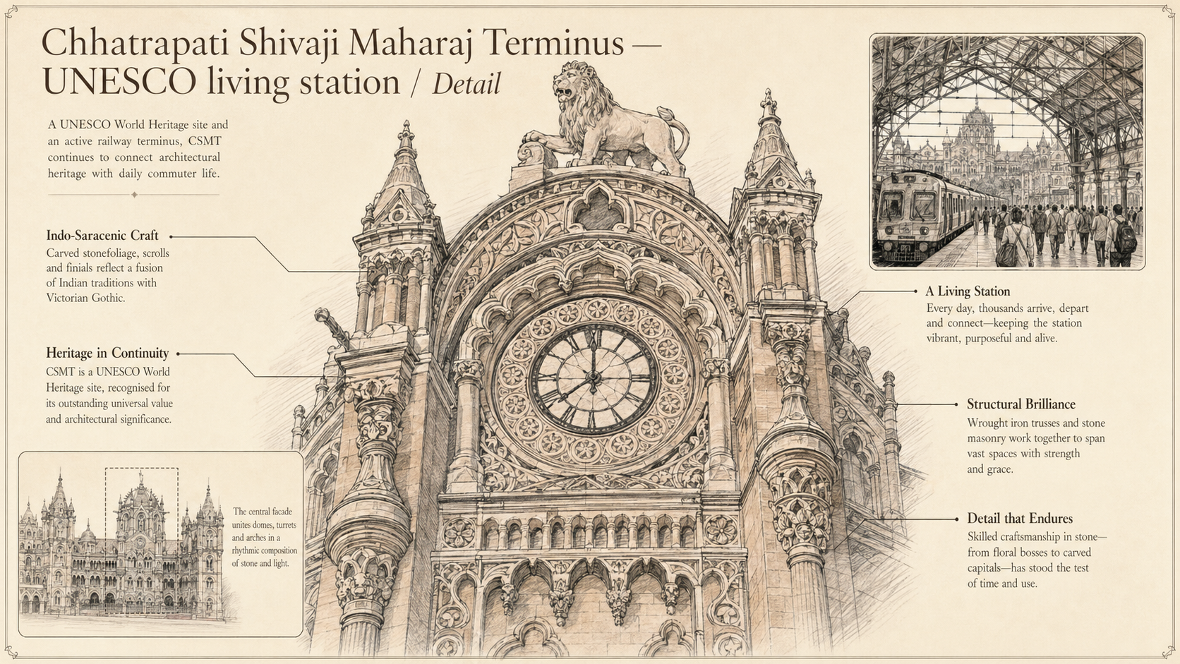 Chhatrapati Shivaji Maharaj Terminus deep diagram plate: UNESCO living station / Detail.