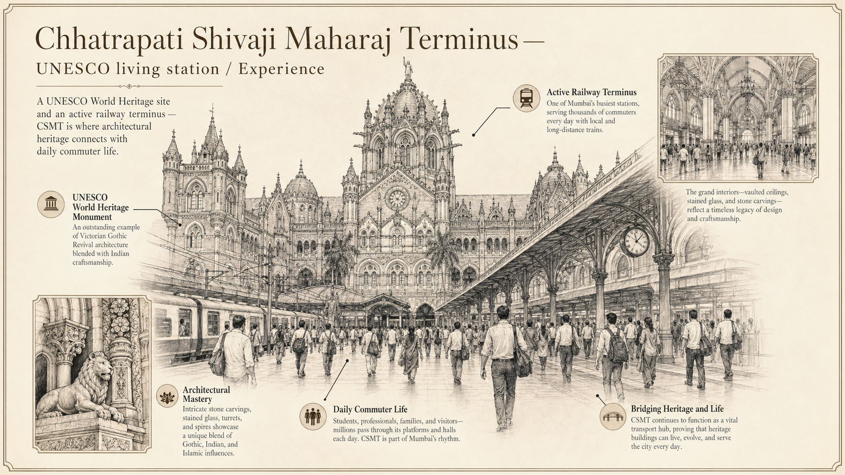 Chhatrapati Shivaji Maharaj Terminus deep diagram plate: UNESCO living station / Experience.