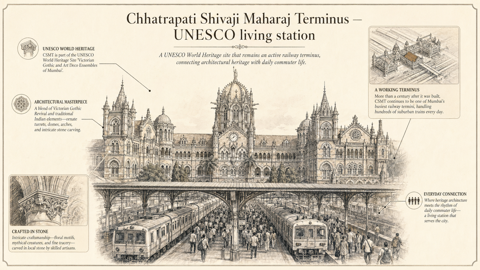Chhatrapati Shivaji Maharaj Terminus deep diagram plate: UNESCO living station.