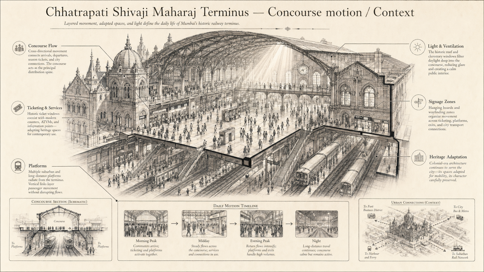 Chhatrapati Shivaji Maharaj Terminus deep diagram plate: Concourse motion / Context.