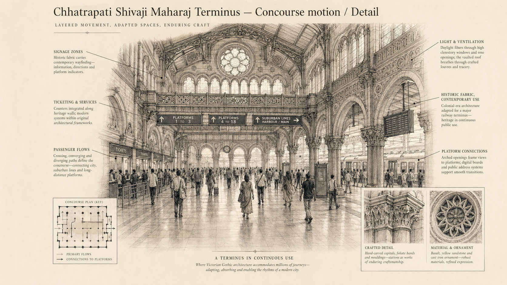 Chhatrapati Shivaji Maharaj Terminus deep diagram plate: Concourse motion / Detail.