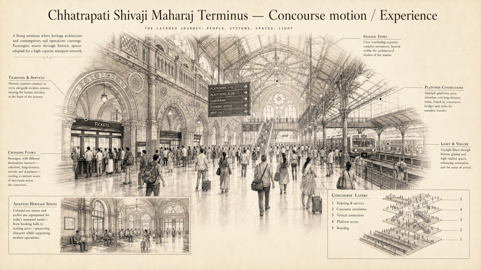 Chhatrapati Shivaji Maharaj Terminus deep diagram plate: Concourse motion / Experience.