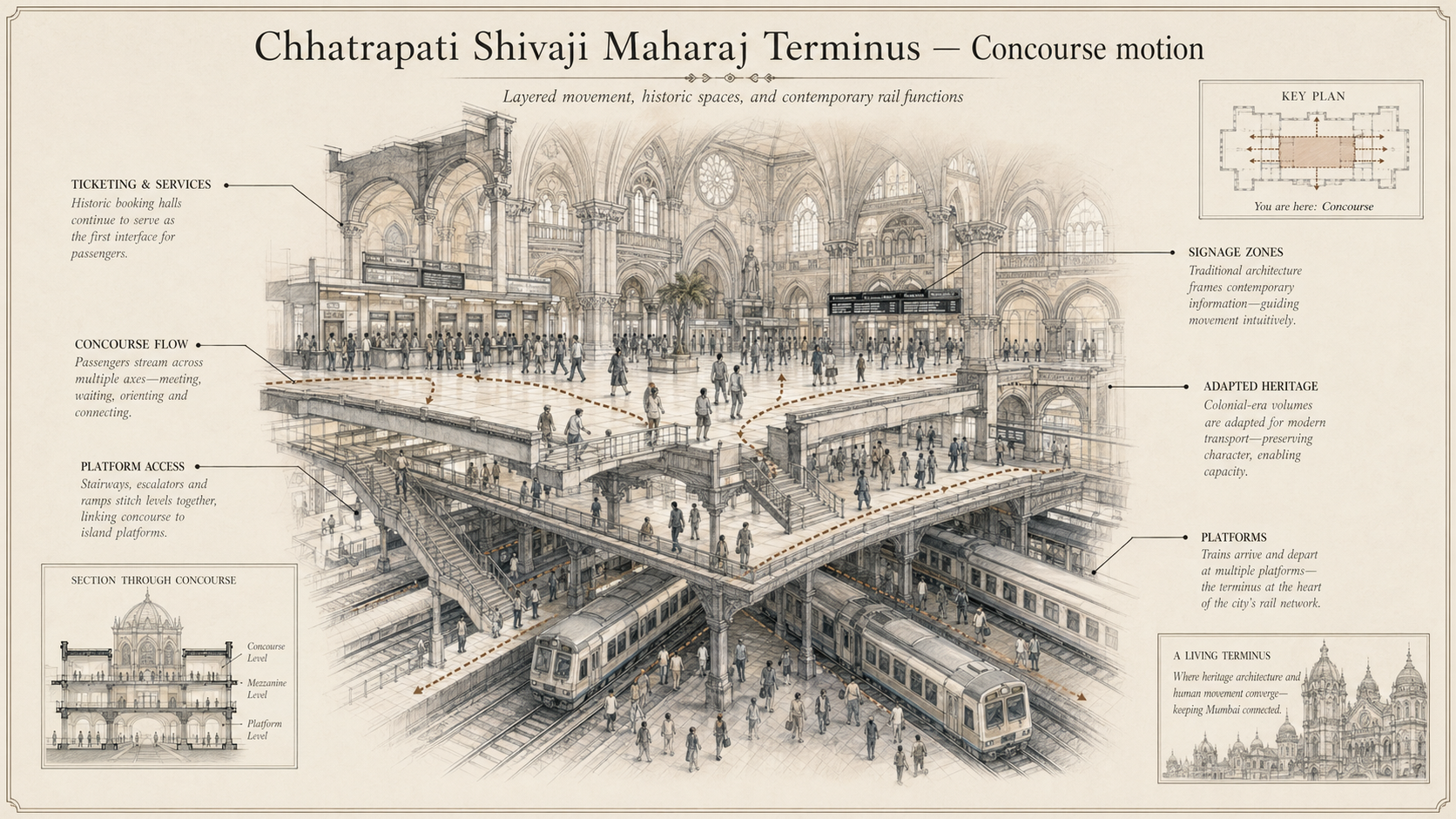 Chhatrapati Shivaji Maharaj Terminus deep diagram plate: Concourse motion.