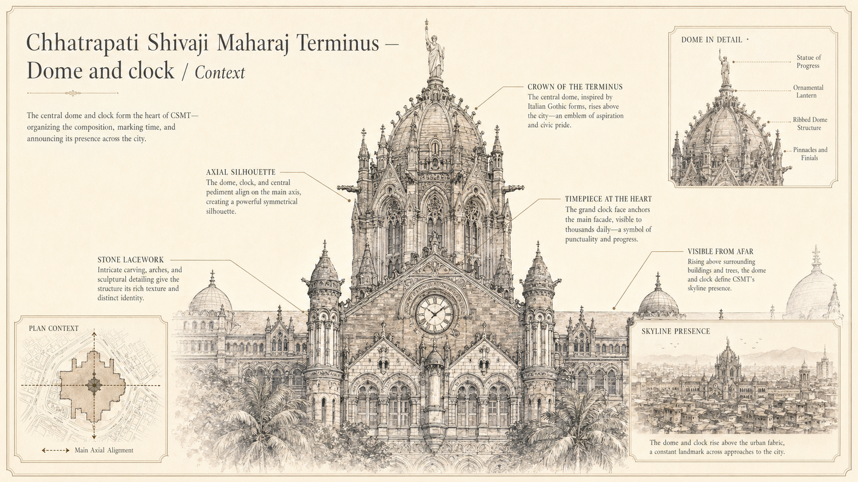 Chhatrapati Shivaji Maharaj Terminus deep diagram plate: Dome and clock / Context.