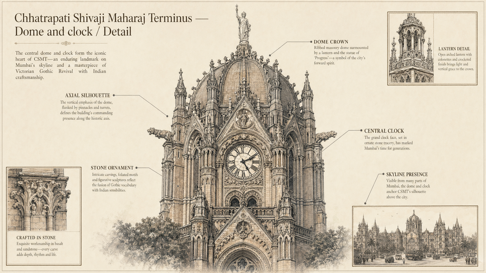 Chhatrapati Shivaji Maharaj Terminus deep diagram plate: Dome and clock / Detail.