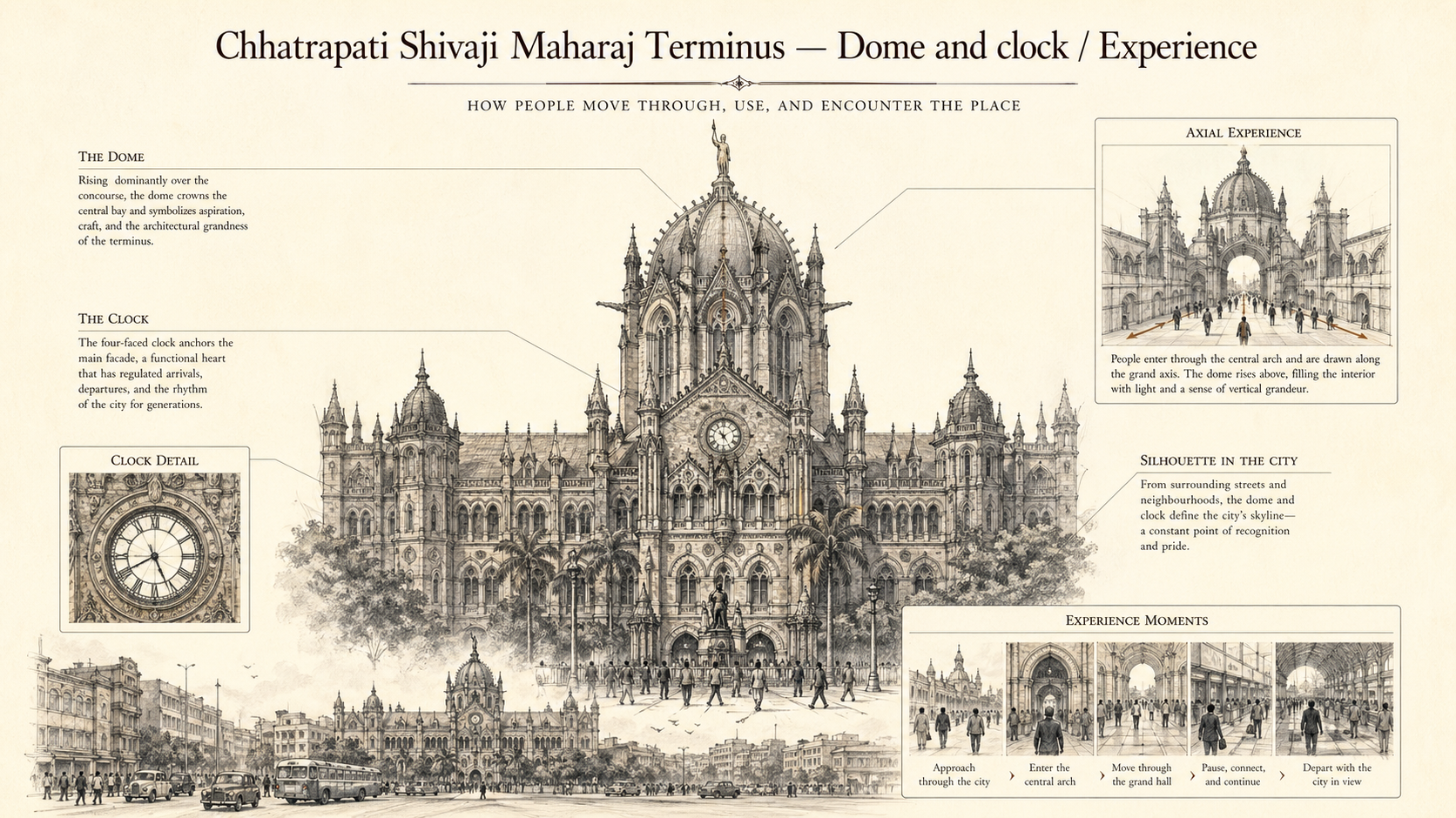 Chhatrapati Shivaji Maharaj Terminus deep diagram plate: Dome and clock / Experience.