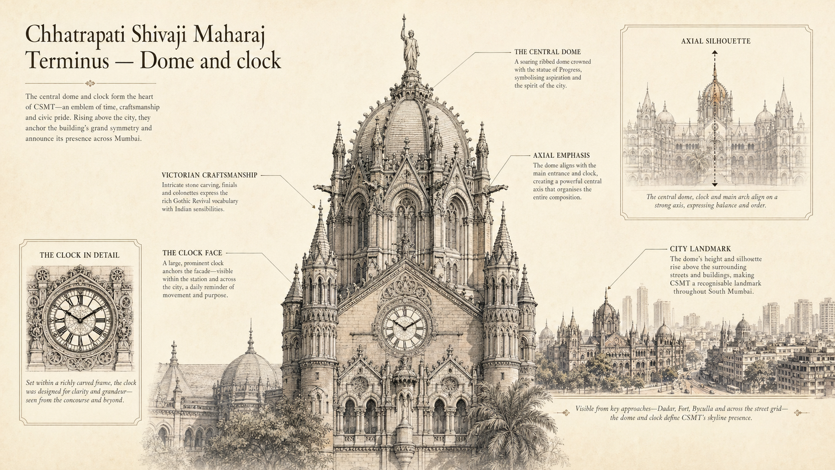 Chhatrapati Shivaji Maharaj Terminus deep diagram plate: Dome and clock.