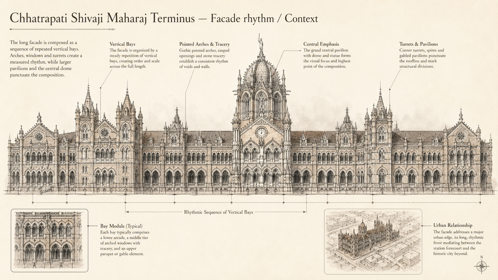 Chhatrapati Shivaji Maharaj Terminus deep diagram plate: Facade rhythm / Context.