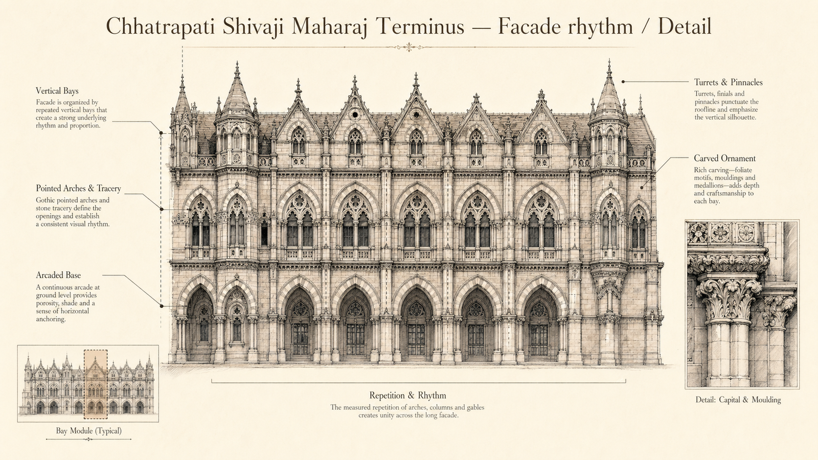 Chhatrapati Shivaji Maharaj Terminus deep diagram plate: Facade rhythm / Detail.