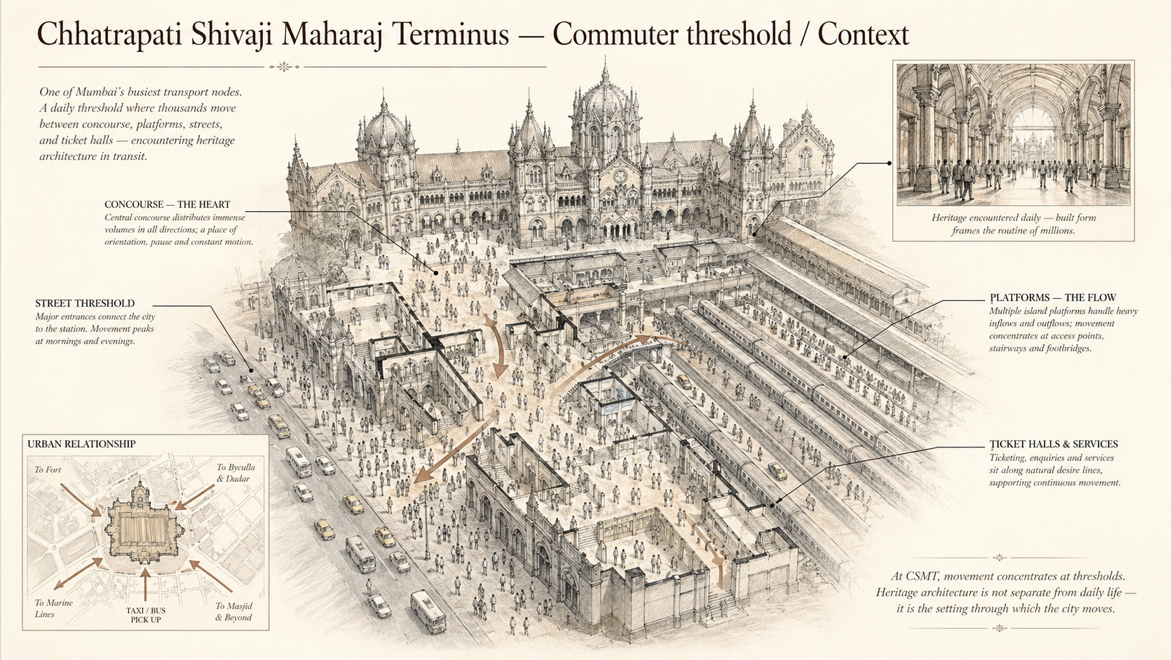 Chhatrapati Shivaji Maharaj Terminus deep diagram plate: Commuter threshold / Context.