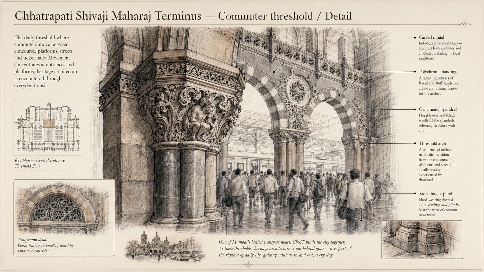 Chhatrapati Shivaji Maharaj Terminus deep diagram plate: Commuter threshold / Detail.