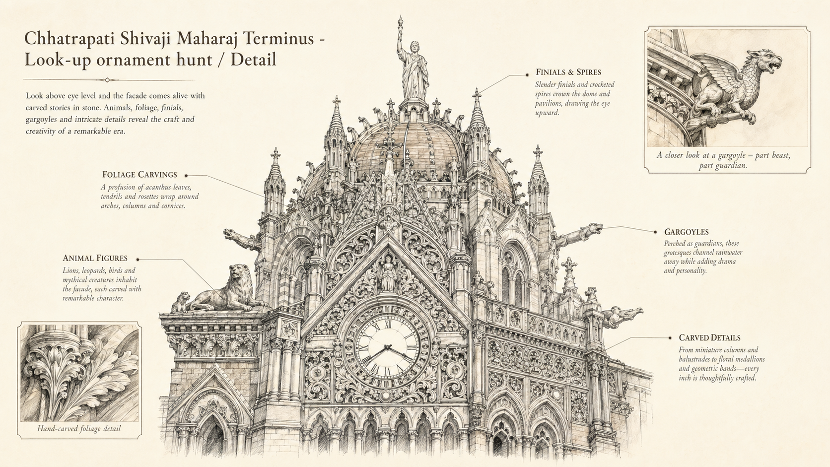 Chhatrapati Shivaji Maharaj Terminus deep diagram plate: Look-up ornament hunt / Detail.
