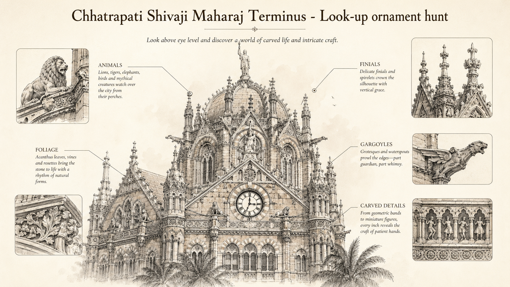 Chhatrapati Shivaji Maharaj Terminus deep diagram plate: Look-up ornament hunt.