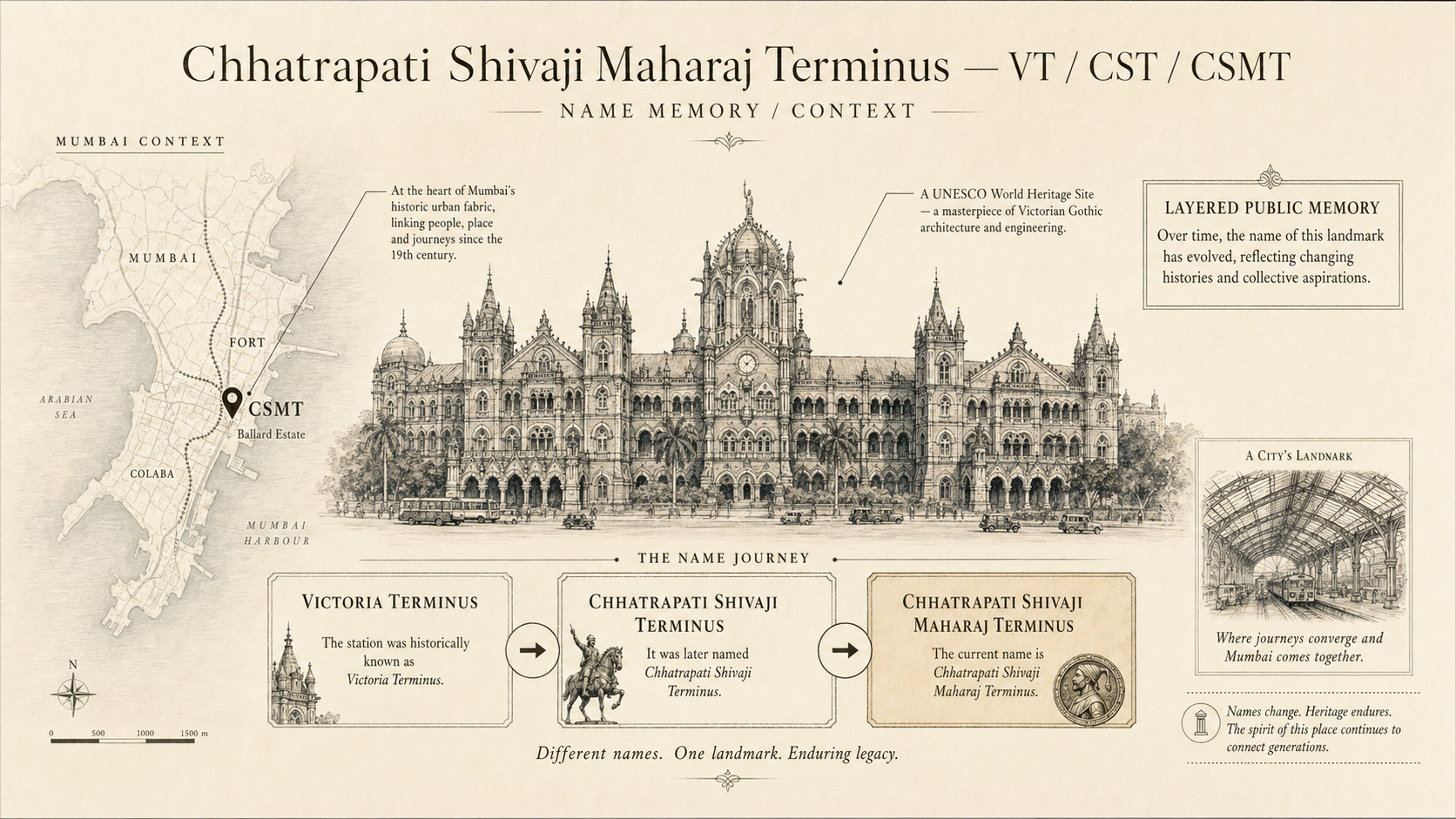 Chhatrapati Shivaji Maharaj Terminus deep diagram plate: VT / CST / CSMT name memory / Context.