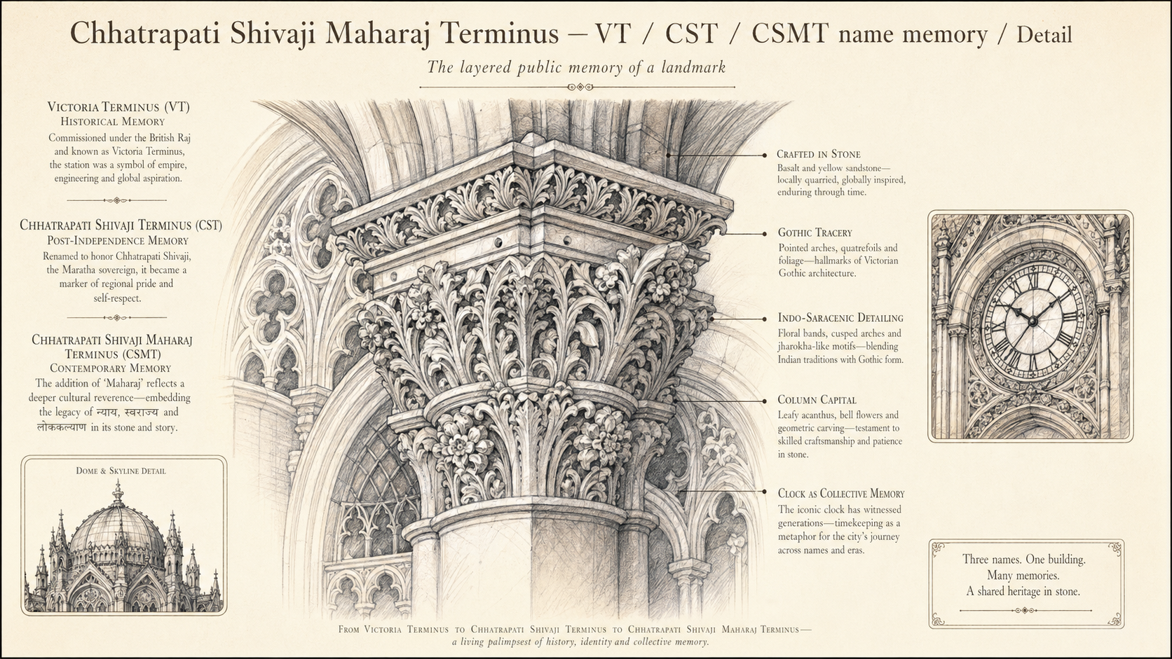 Chhatrapati Shivaji Maharaj Terminus deep diagram plate: VT / CST / CSMT name memory / Detail.
