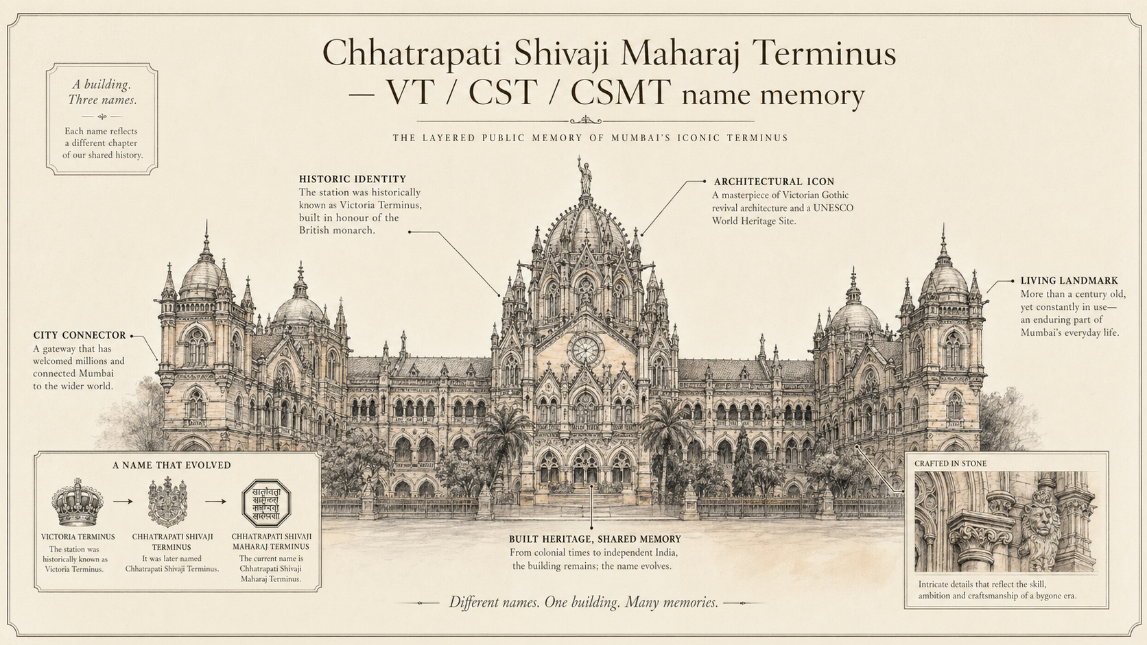 Chhatrapati Shivaji Maharaj Terminus deep diagram plate: VT / CST / CSMT name memory.