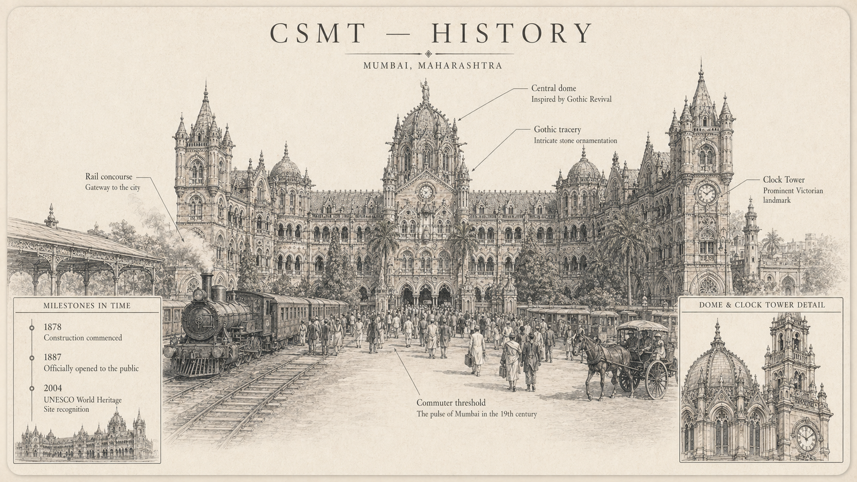 Annotated history diagram plate for Chhatrapati Shivaji Maharaj Terminus with labeled callouts, mini insets, and route hotspots.