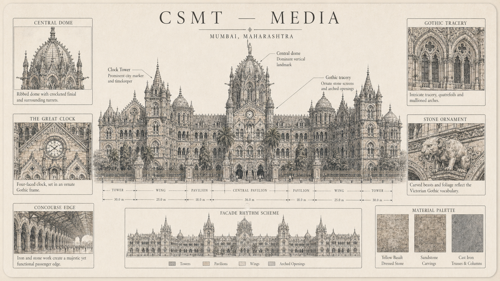 Annotated media diagram plate for Chhatrapati Shivaji Maharaj Terminus with labeled callouts, mini insets, and route hotspots.