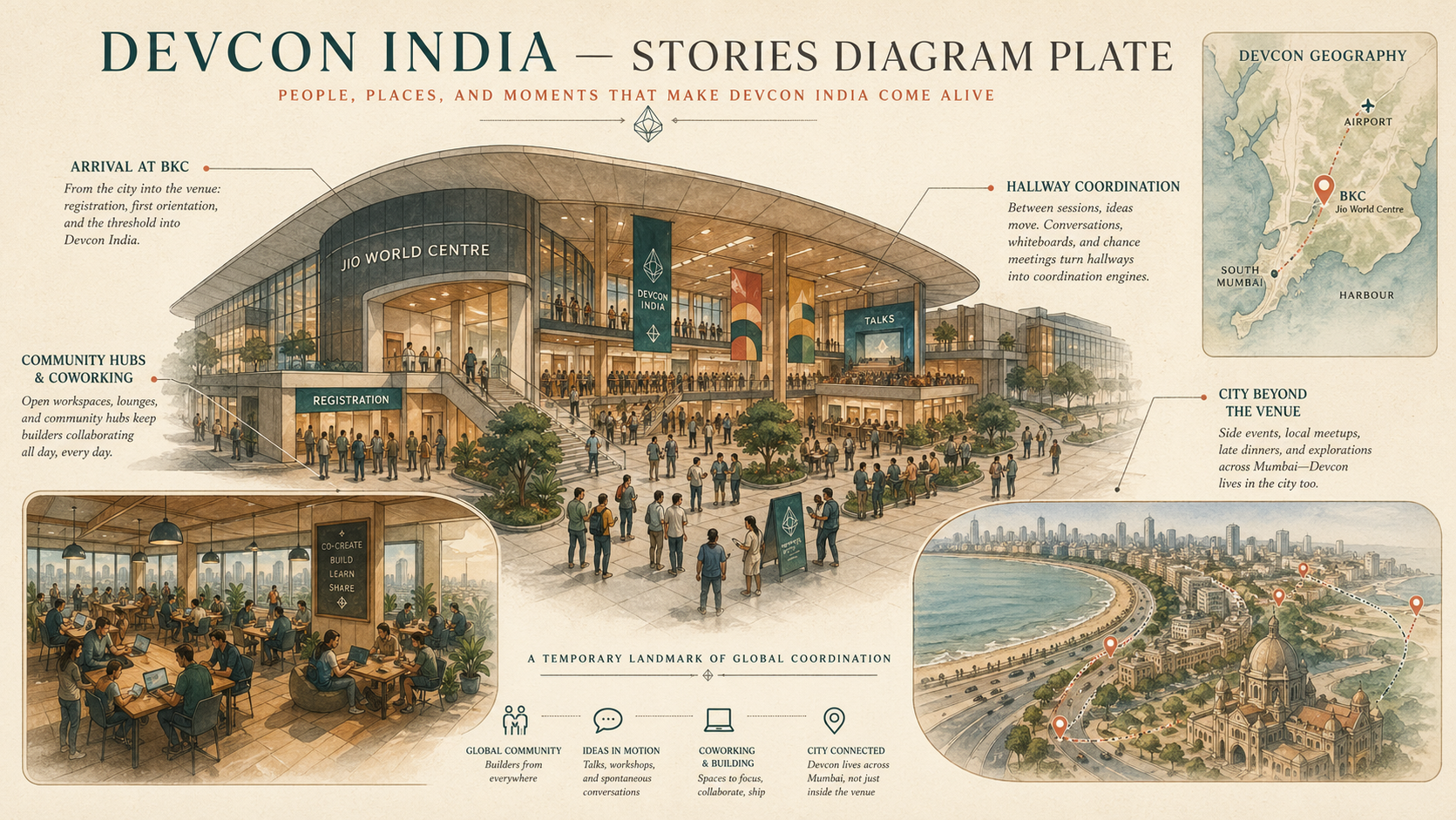 Annotated anecdotes diagram plate for Devcon India with labeled callouts, mini insets, and route hotspots.