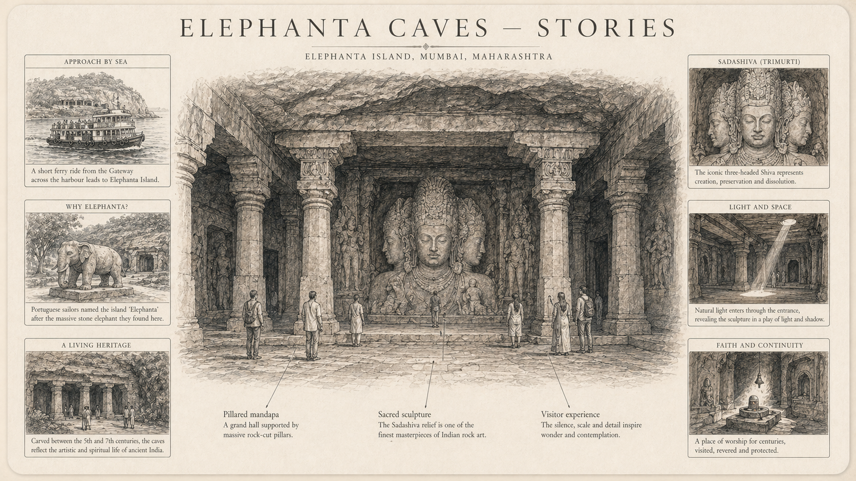 Annotated anecdotes diagram plate for Elephanta Caves with labeled callouts, mini insets, and route hotspots.