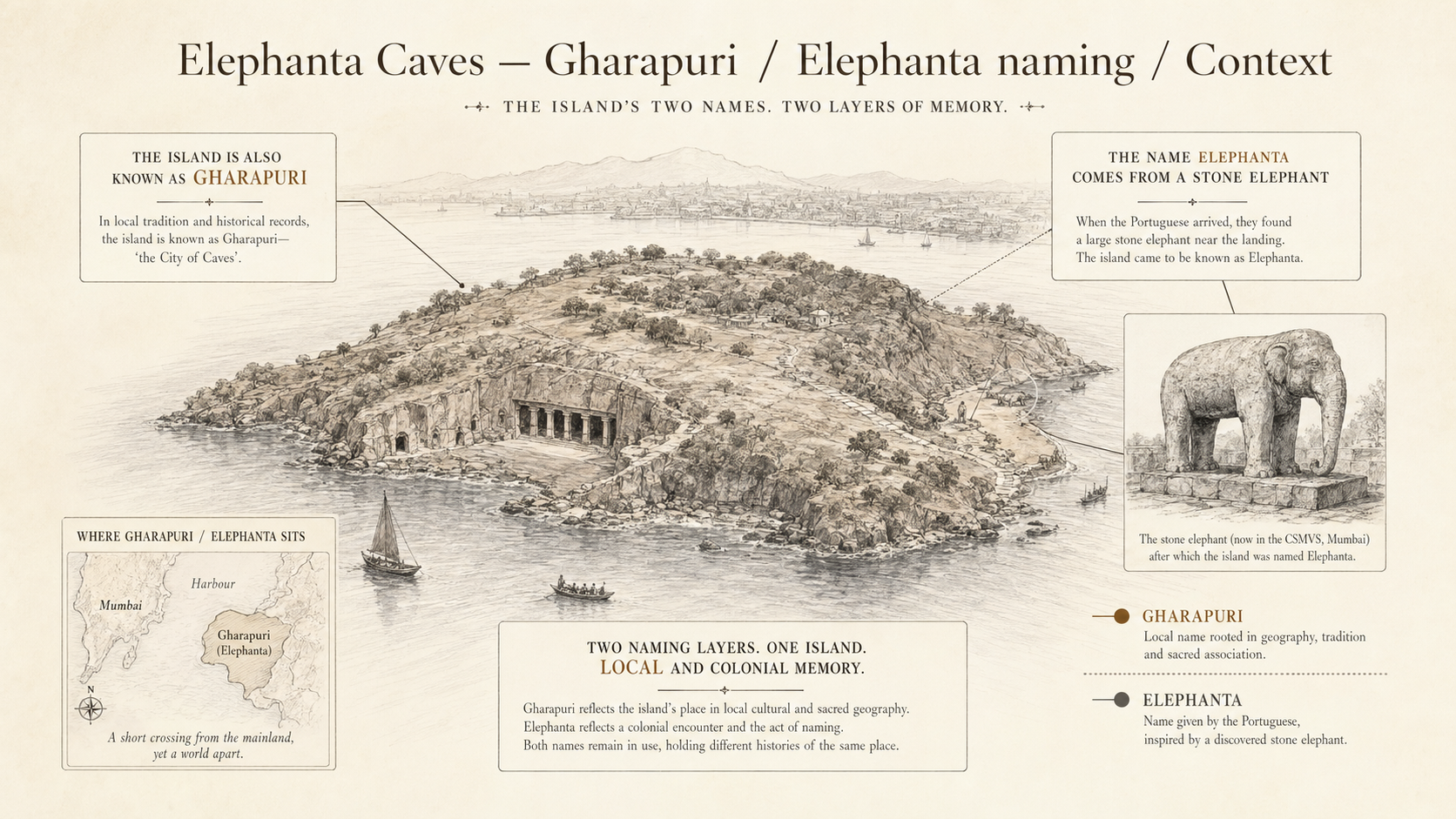 Elephanta Caves deep diagram plate: Gharapuri / Elephanta naming / Context.