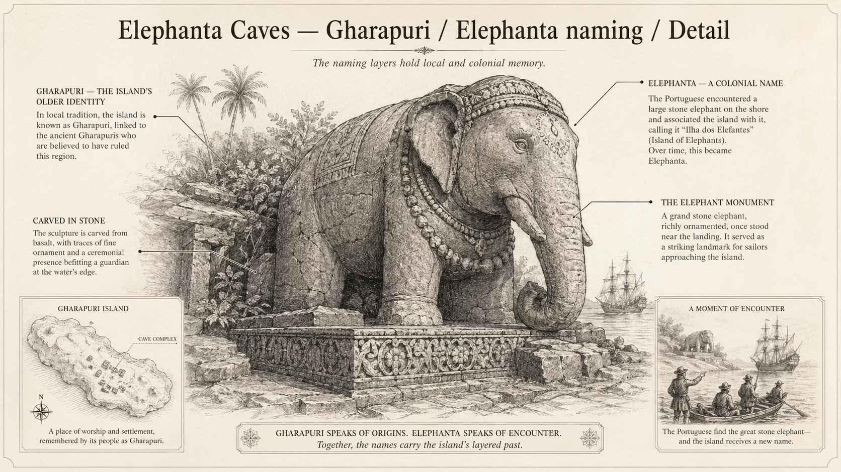 Elephanta Caves deep diagram plate: Gharapuri / Elephanta naming / Detail.