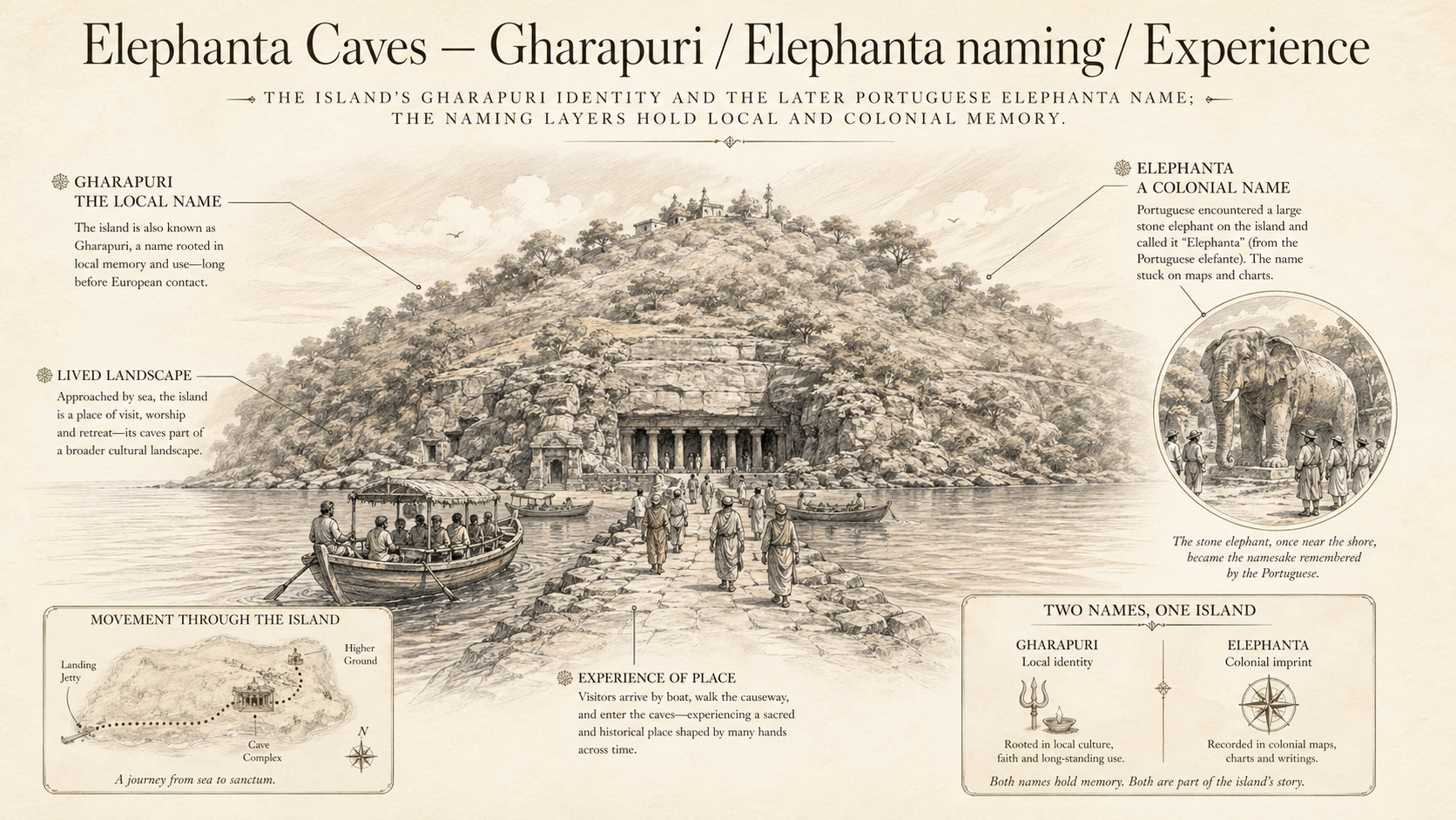 Elephanta Caves deep diagram plate: Gharapuri / Elephanta naming / Experience.