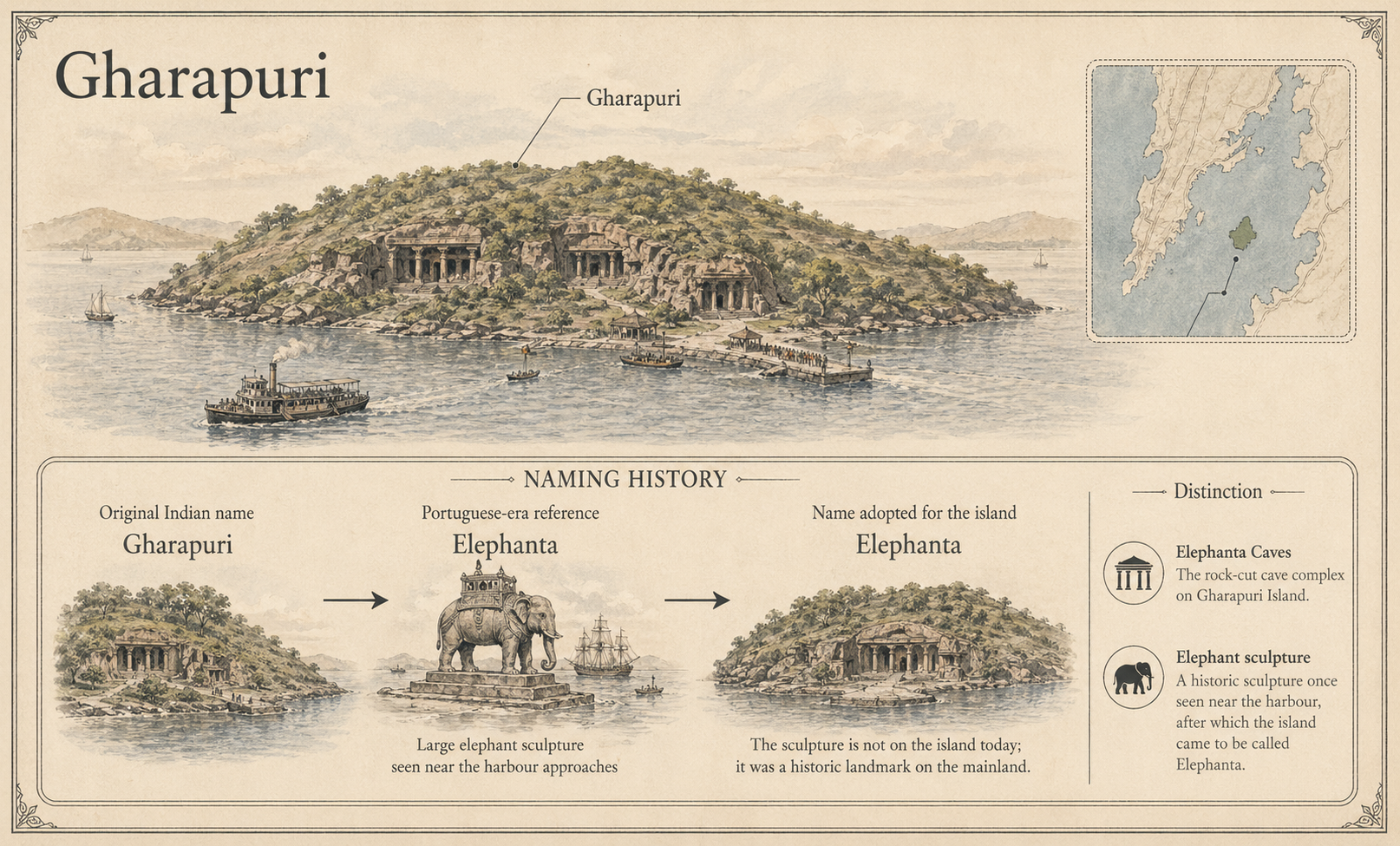 Elephanta Caves deep diagram plate: Gharapuri / Elephanta naming.