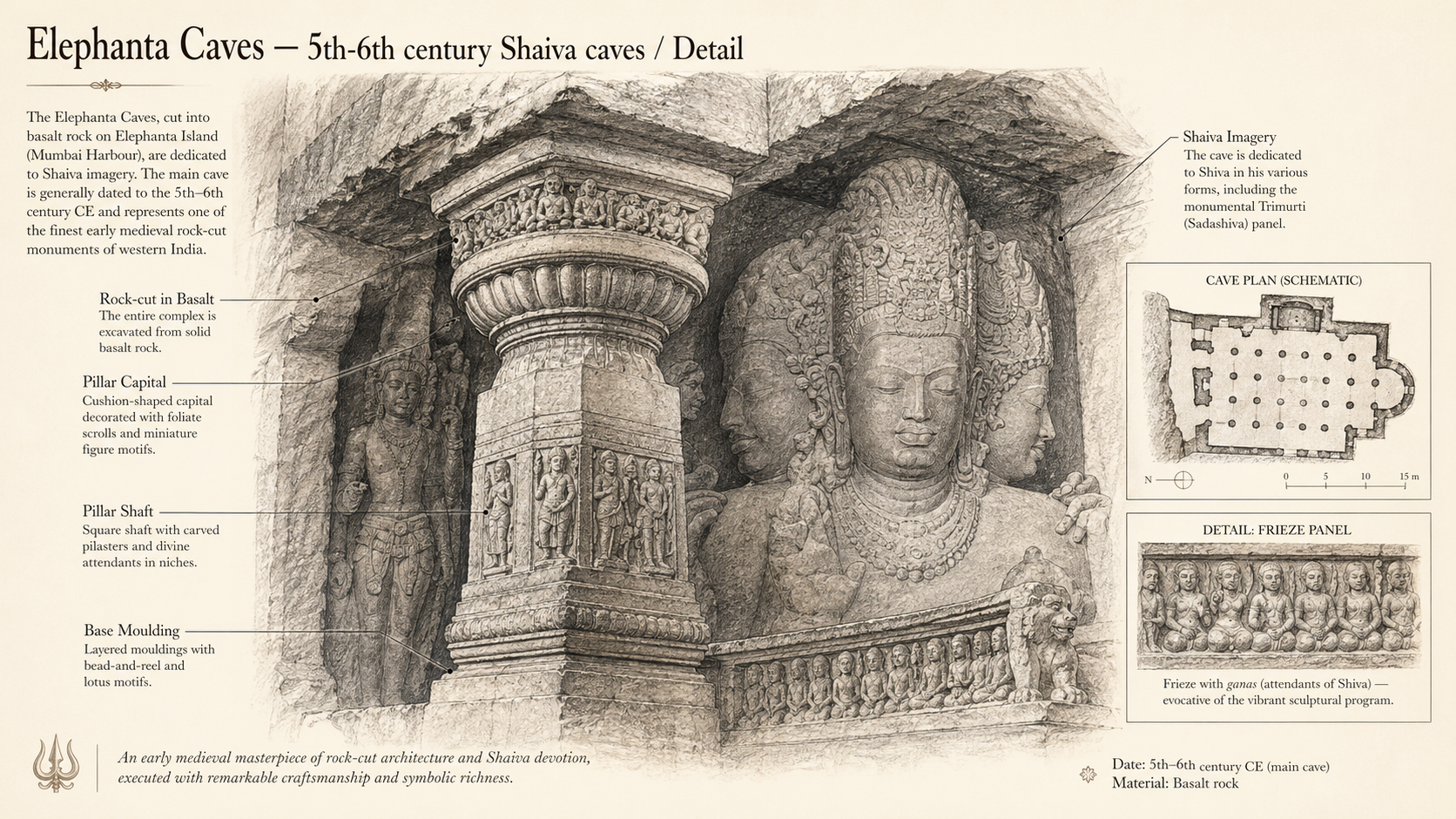 Elephanta Caves deep diagram plate: 5th-6th century Shaiva caves / Detail.