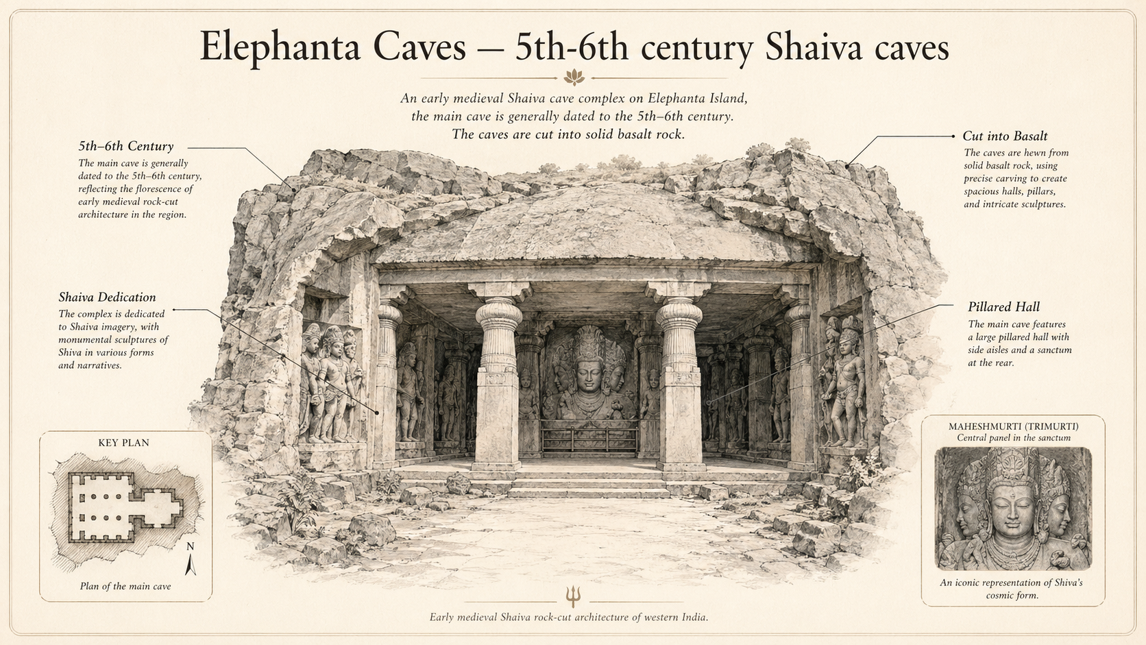Elephanta Caves deep diagram plate: 5th-6th century Shaiva caves.