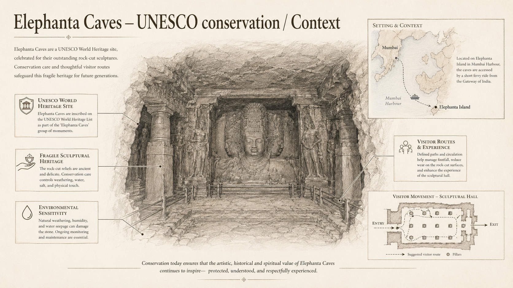 Elephanta Caves deep diagram plate: UNESCO conservation / Context.