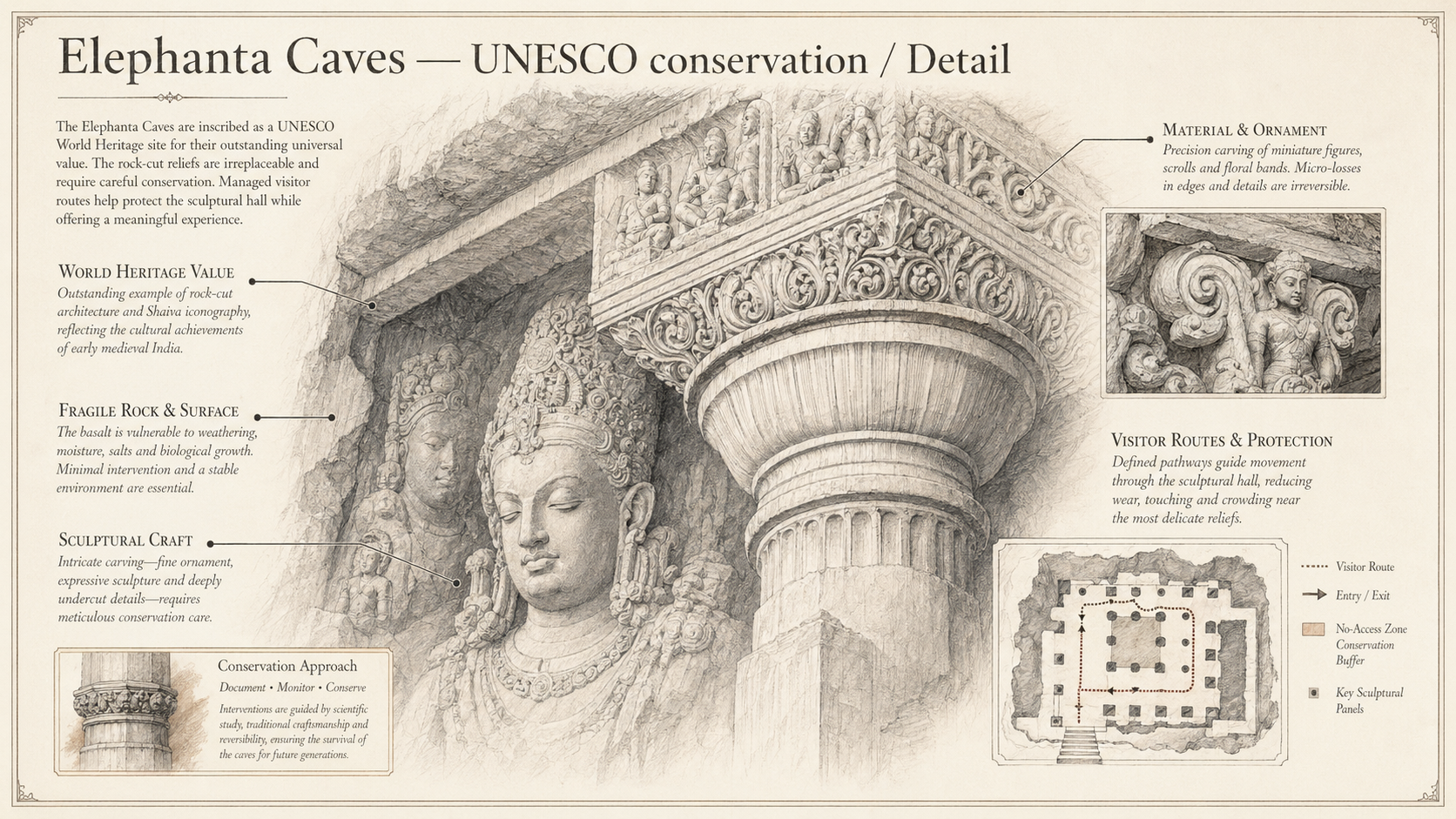 Elephanta Caves deep diagram plate: UNESCO conservation / Detail.