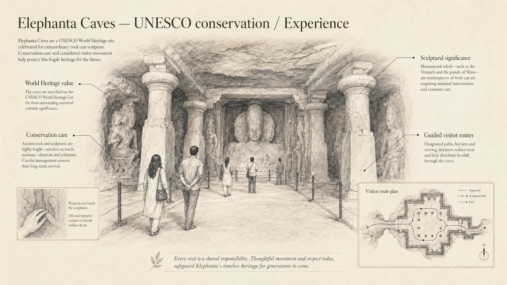 Elephanta Caves deep diagram plate: UNESCO conservation / Experience.