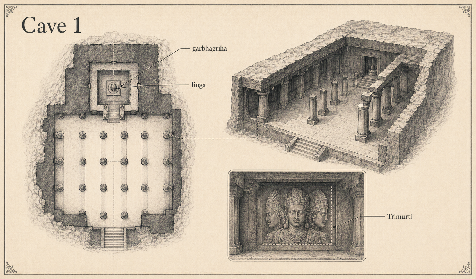 Elephanta Caves deep diagram plate: Pillared hall plan.