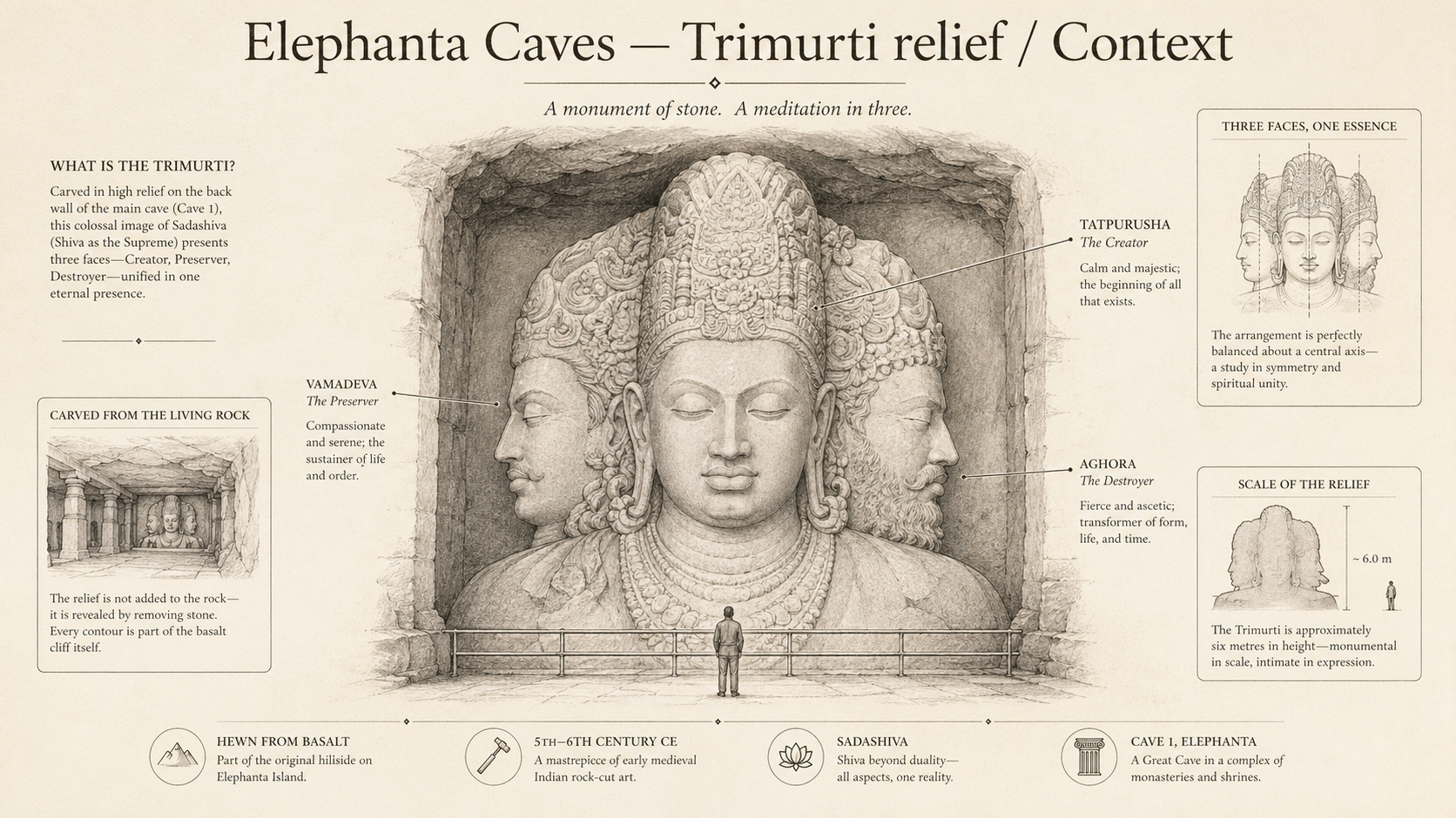 Elephanta Caves deep diagram plate: Trimurti relief / Context.