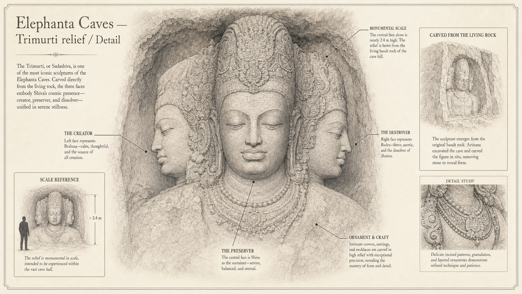 Elephanta Caves deep diagram plate: Trimurti relief / Detail.