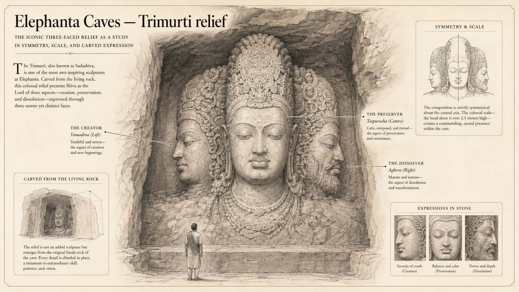 Elephanta Caves deep diagram plate: Trimurti relief.