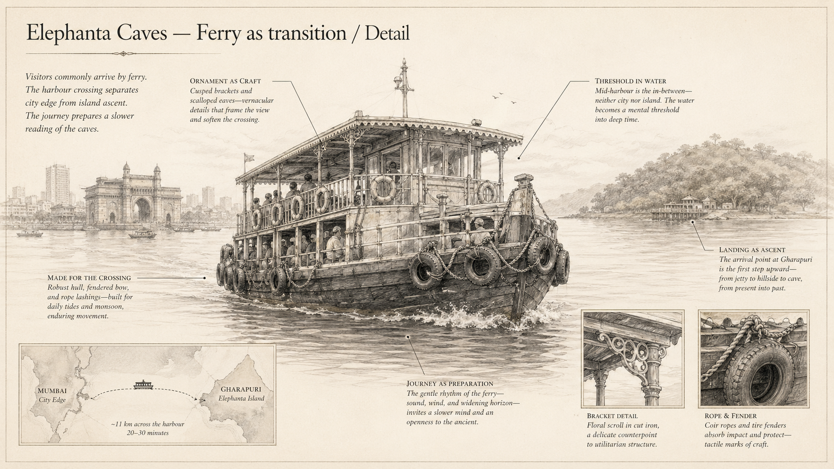 Elephanta Caves deep diagram plate: Ferry as transition / Detail.