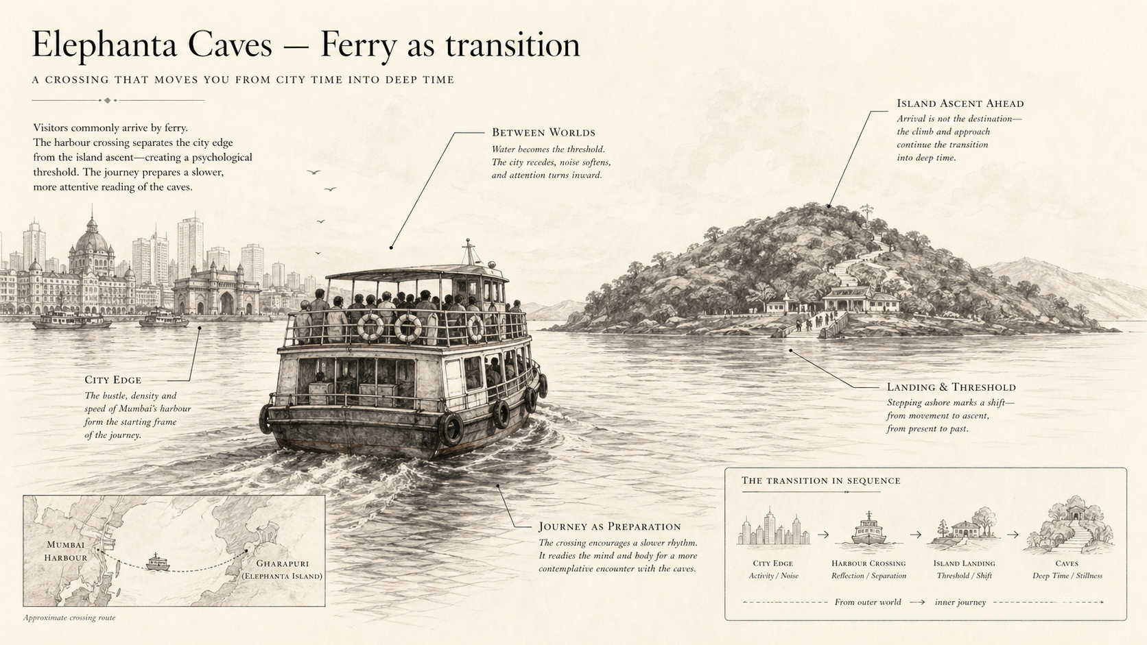 Elephanta Caves deep diagram plate: Ferry as transition.