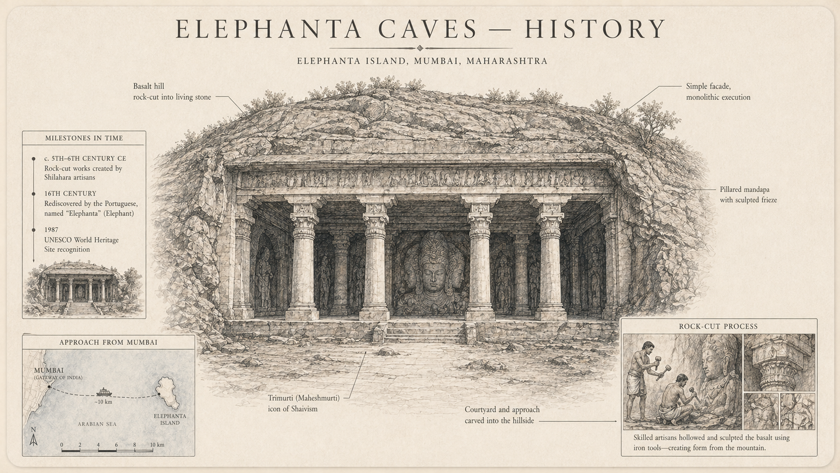 Annotated history diagram plate for Elephanta Caves with labeled callouts, mini insets, and route hotspots.